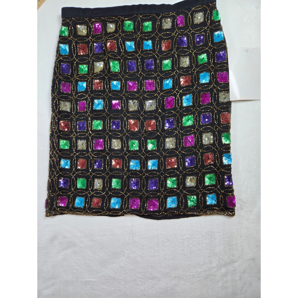 Jewel Queen Vintage Beaded Sequin Silk Mini Skirt Black Multi Color 10 NEW 90s